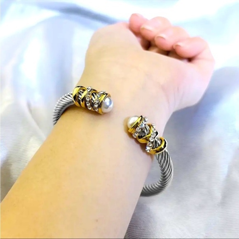 Two-Tone Cable Wire Cuff Bracelet Pearl & Crystal Accents NWT